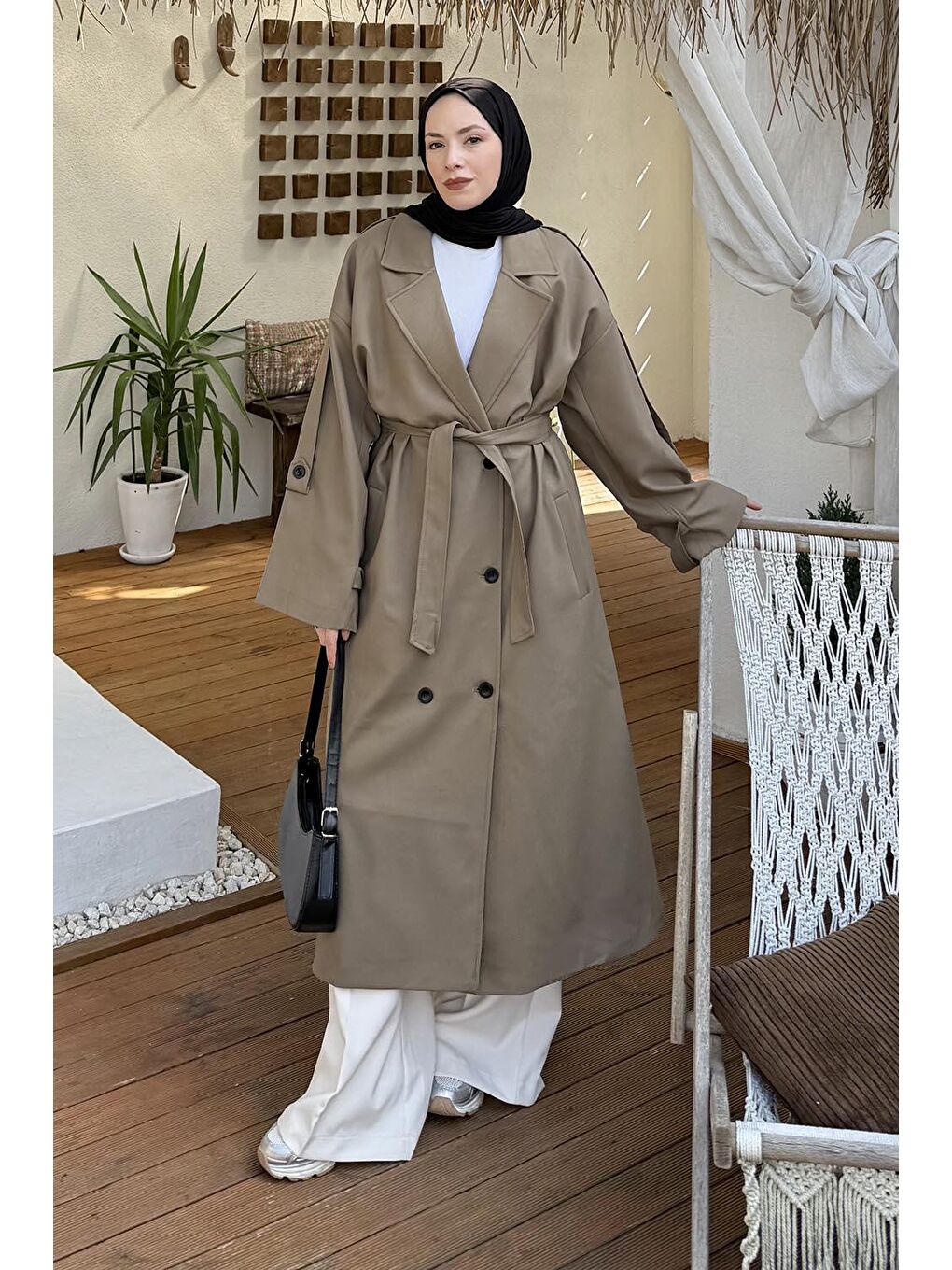 Bej Kuşaklı Poliviskon Trenç Karemel