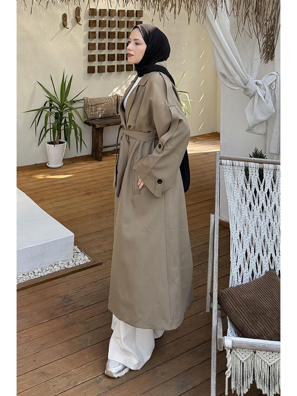 Bej Kuşaklı Poliviskon Trenç Karemel-1