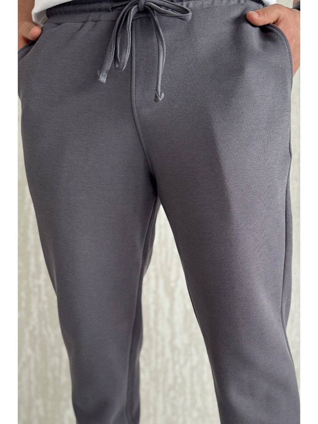 Gri Erkek Bel Bağcıklı Jogger Pantolon-3