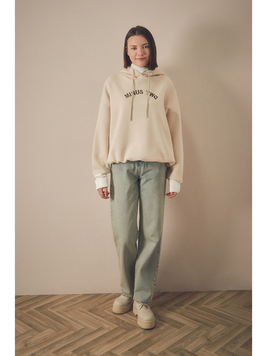 Fullamoda Bej Yazı Nakışlı Triko Detaylı Oversize Sweatshirt - 1