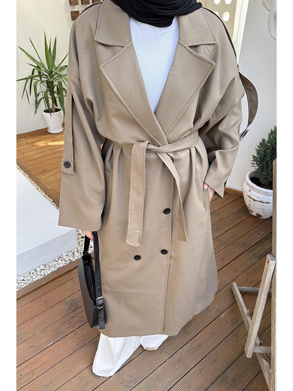 Bej Kuşaklı Poliviskon Trenç Karemel-2