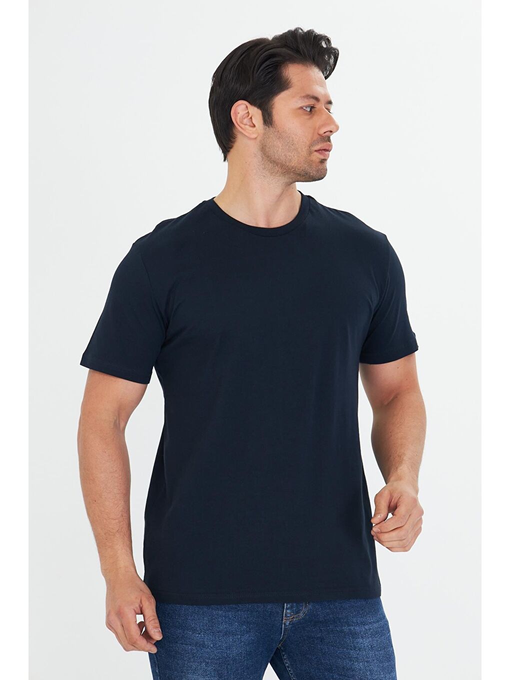Erkek Pamuklu Bisiklet Yaka Tişört Lacivert 5014-L-1