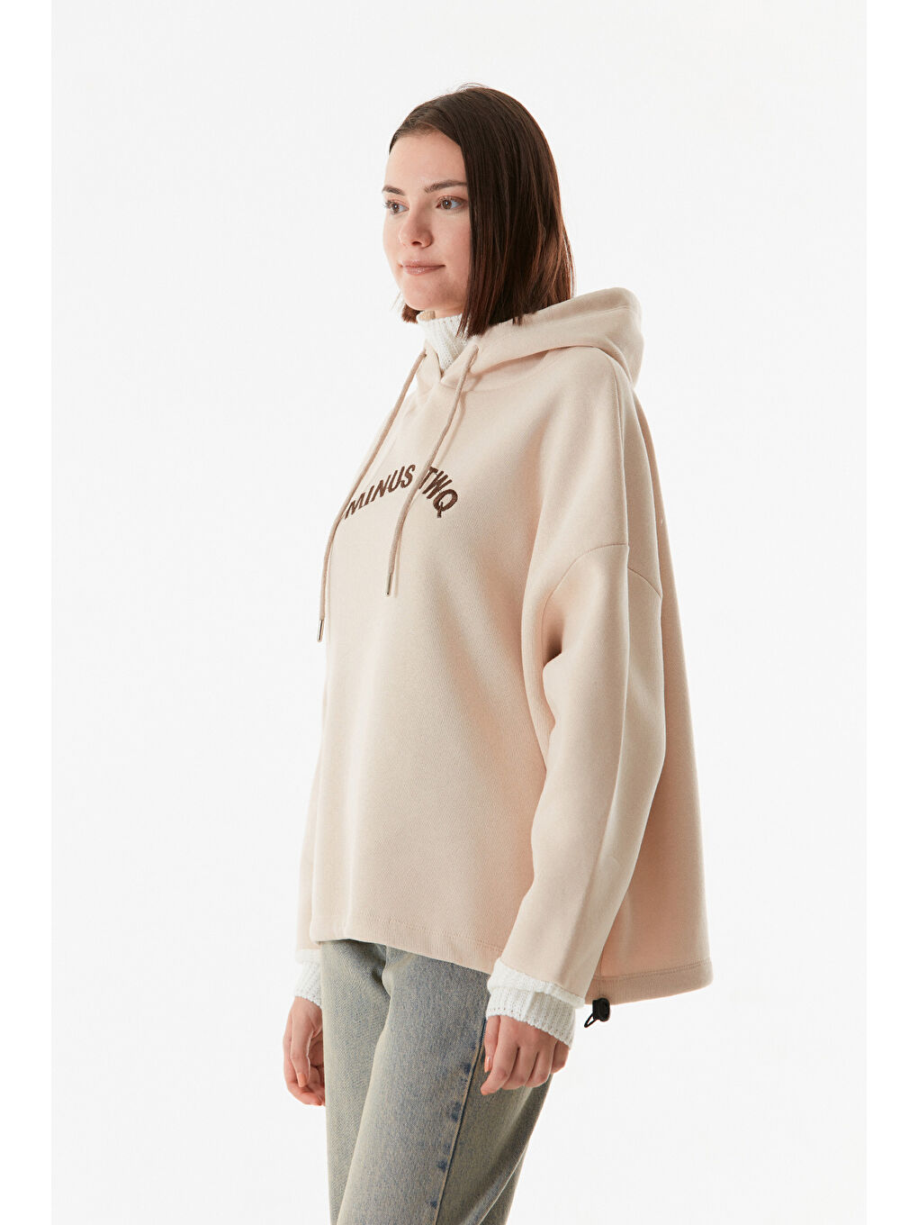 Fullamoda Bej Yazı Nakışlı Triko Detaylı Oversize Sweatshirt - 4