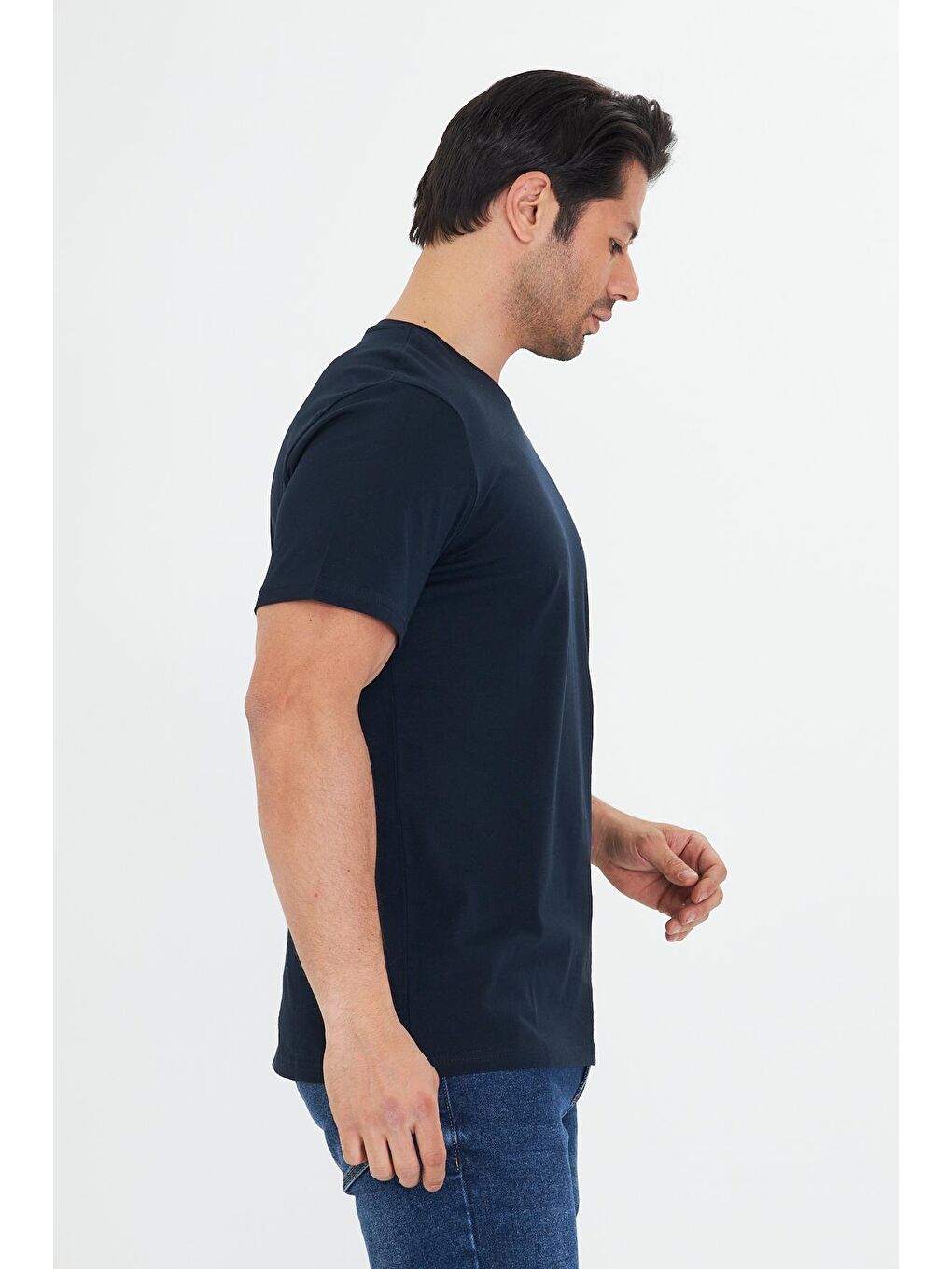 Erkek Pamuklu Bisiklet Yaka Tişört Lacivert 5014-L-2