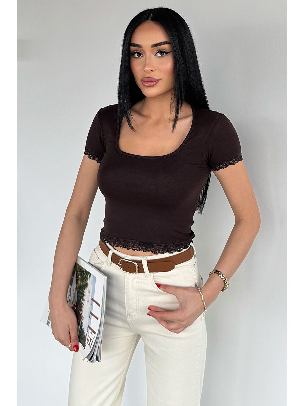 Kahverengi Kadın Dantel Detaylı Elastanlı Crop Top Bluz-1