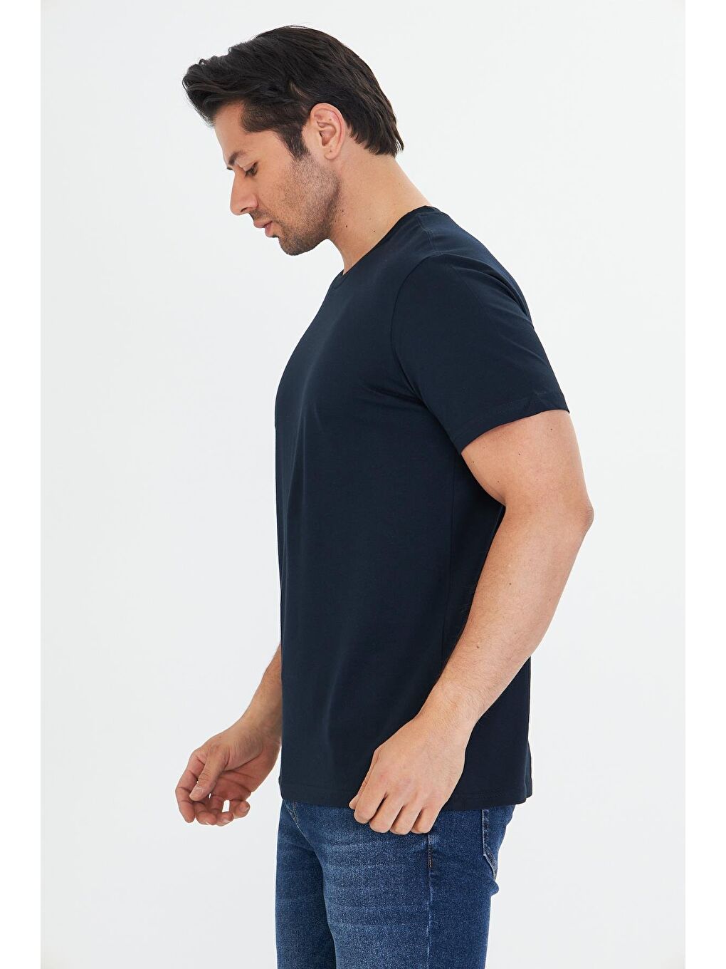 Erkek Pamuklu Bisiklet Yaka Tişört Lacivert 5014-L-3