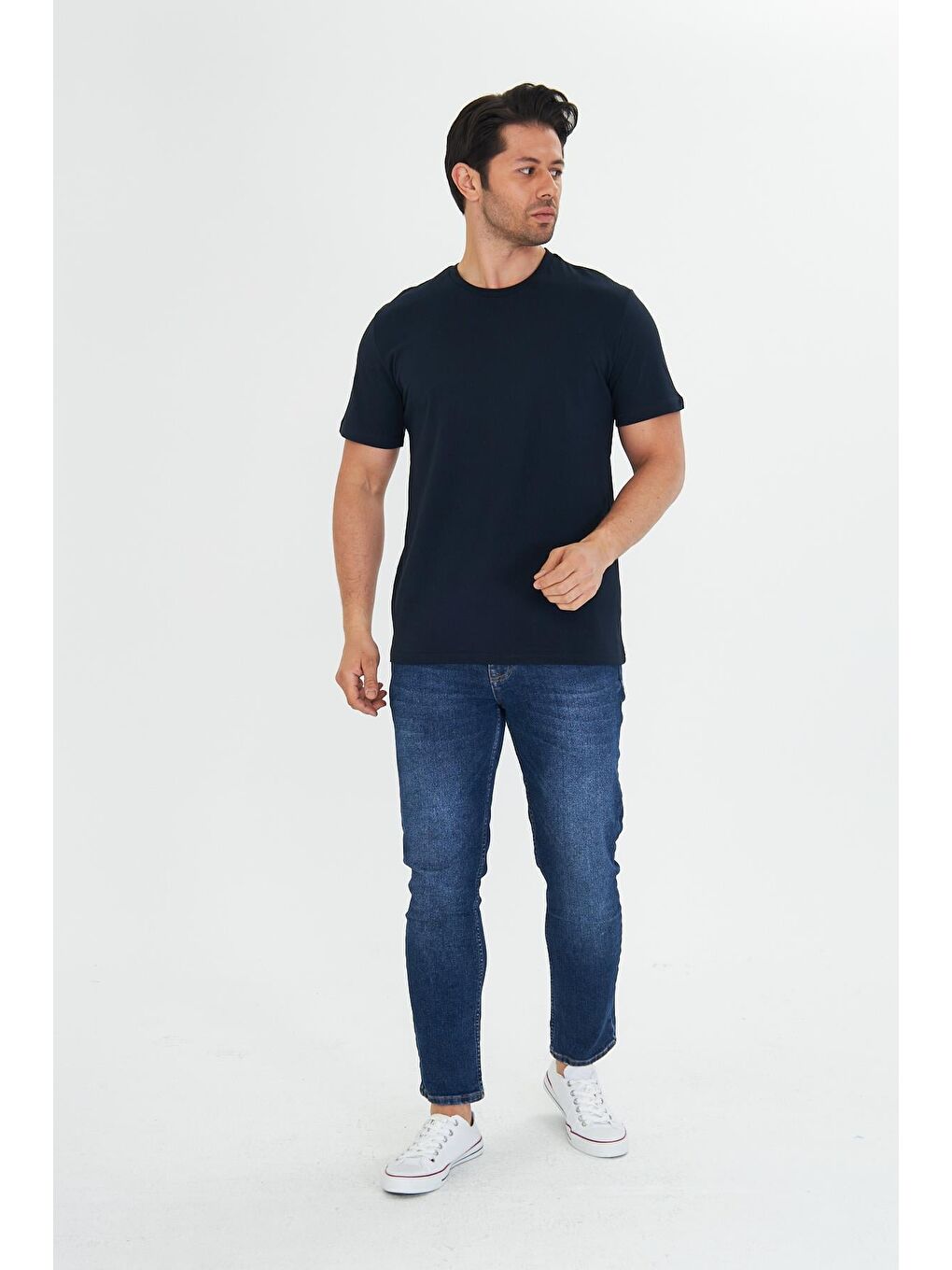 Erkek Pamuklu Bisiklet Yaka Tişört Lacivert 5014-L-4