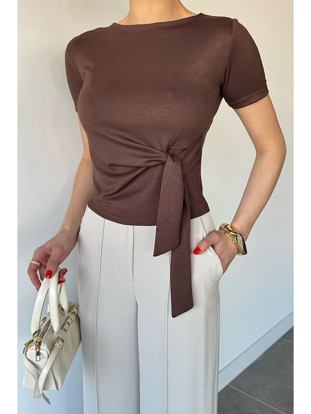 Kahverengi Kadın Yan Bağlamalı Bluz-1