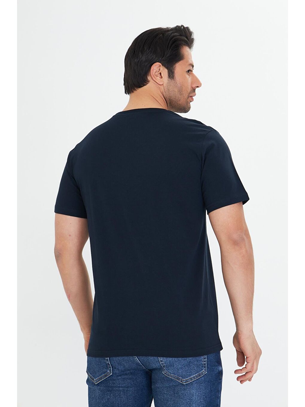 Erkek Pamuklu Bisiklet Yaka Tişört Lacivert 5014-L-5