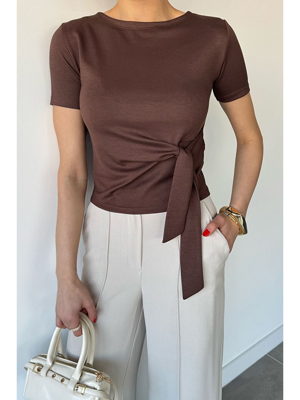 Kahverengi Kadın Yan Bağlamalı Bluz-2