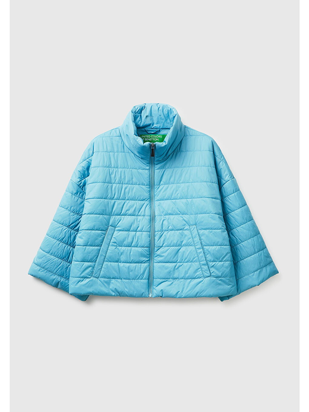 Kadın Açık Mavi Biyeli Cepli Fermuarlı Yüksek Yaka Ceket-1