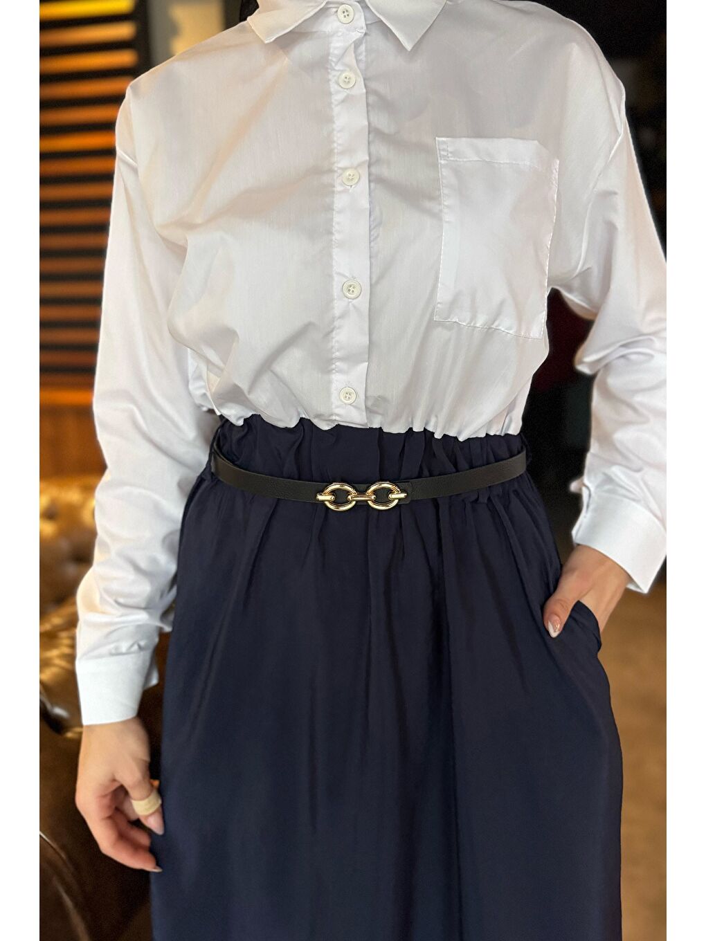 Lacivert Cep Detaylı Kemerli Yazlık Tesettür Elbise-5