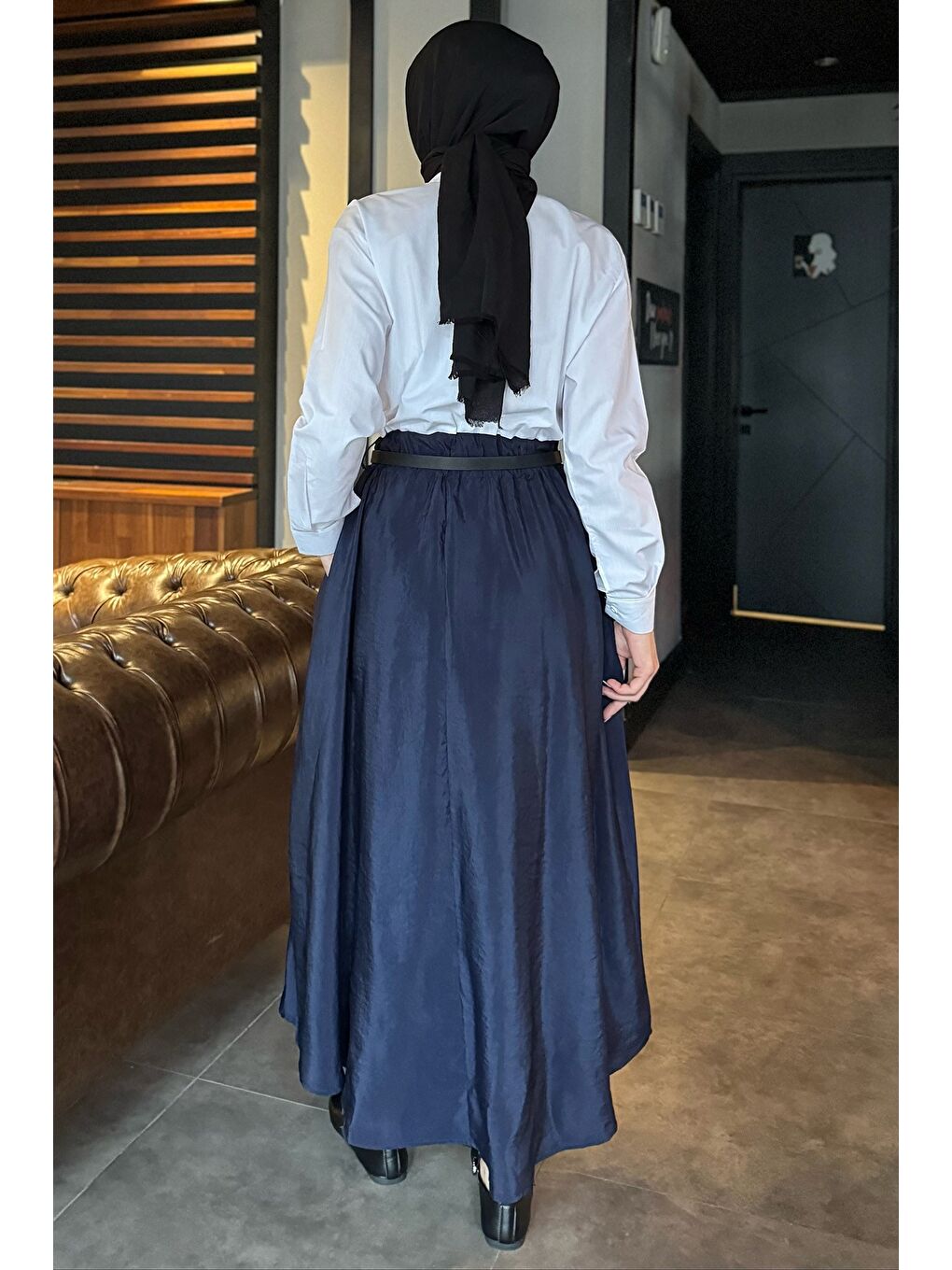 Lacivert Cep Detaylı Kemerli Yazlık Tesettür Elbise-7