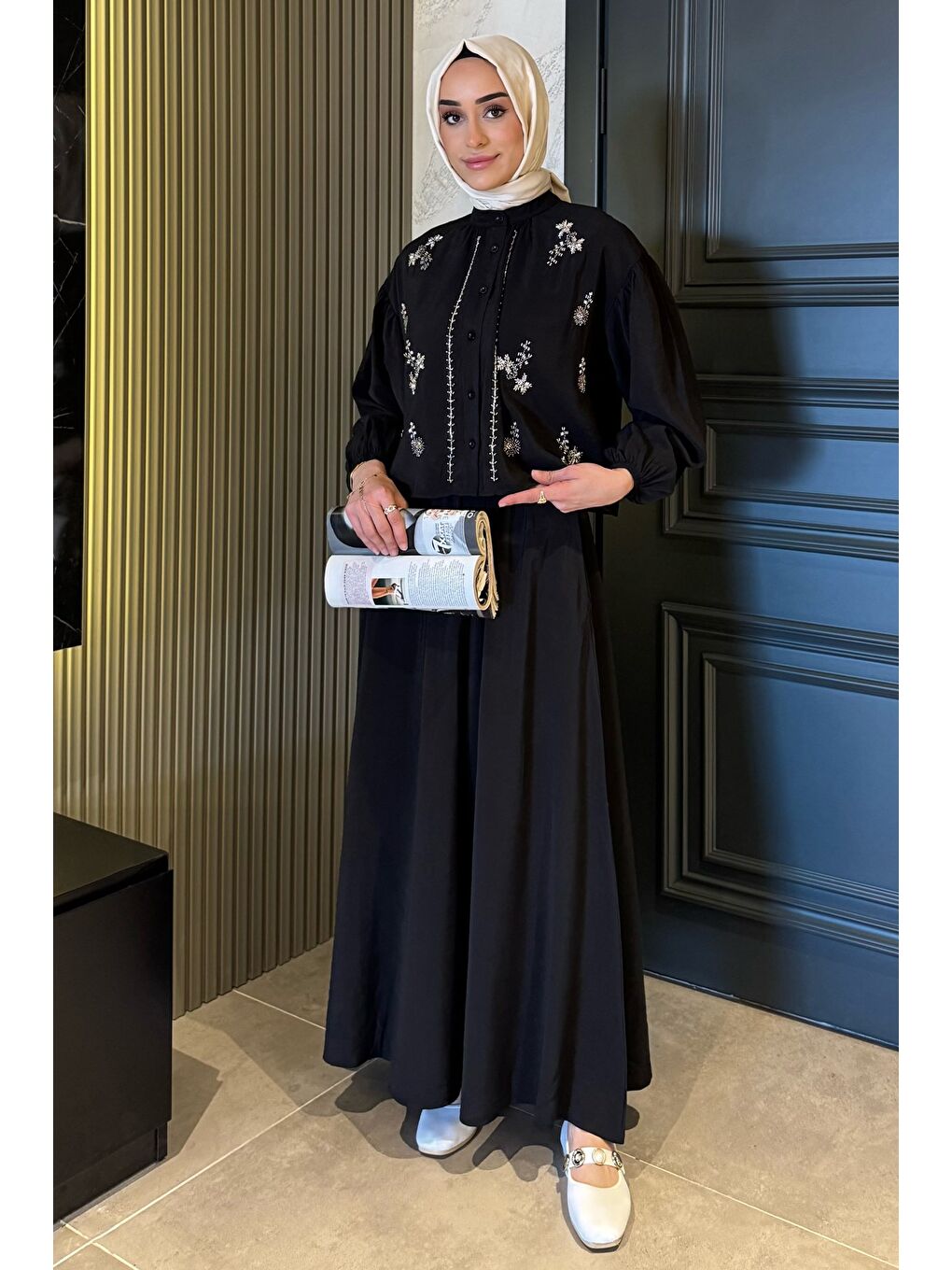 Siyah Boncuk İşlemeli Gömlek Etek Tesettür İkili Takım-2