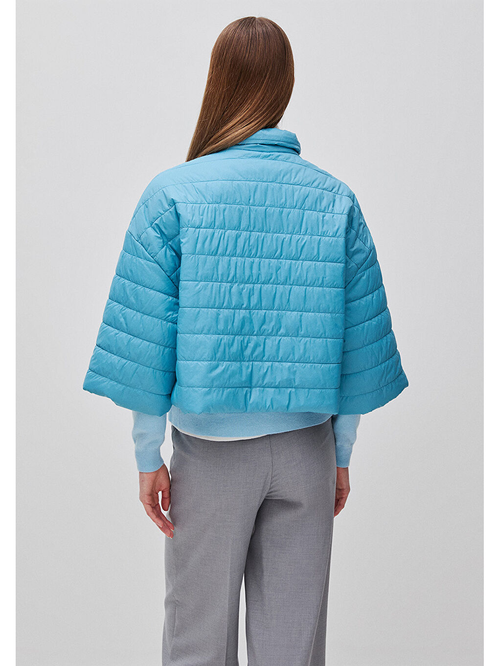 Kadın Açık Mavi Biyeli Cepli Fermuarlı Yüksek Yaka Ceket-2