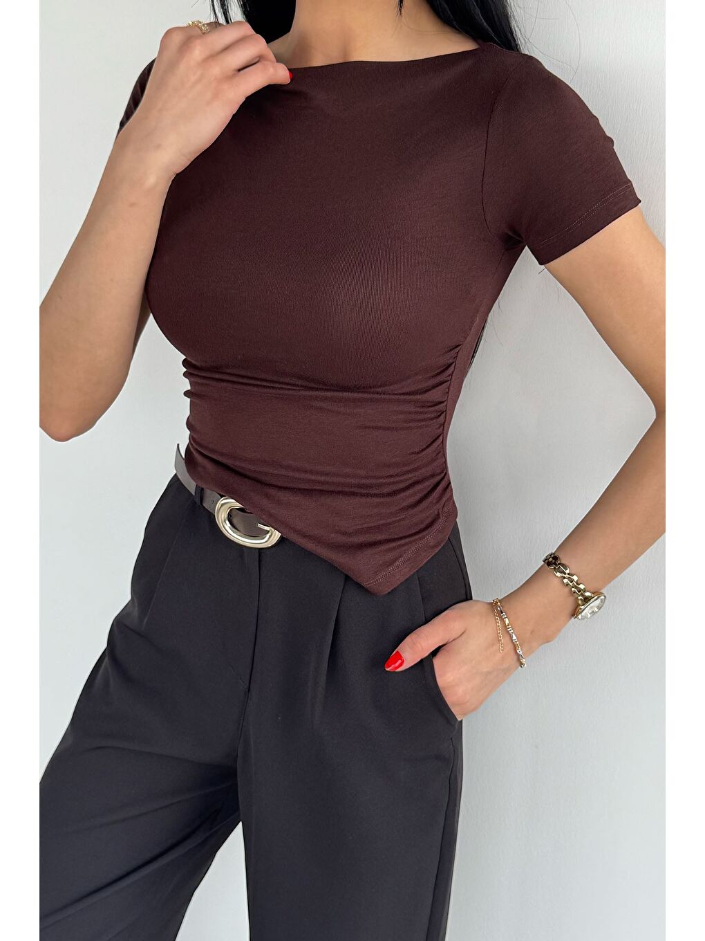 Kahverengi Kadın Asimetrik Kesim Elastanlı Bluz