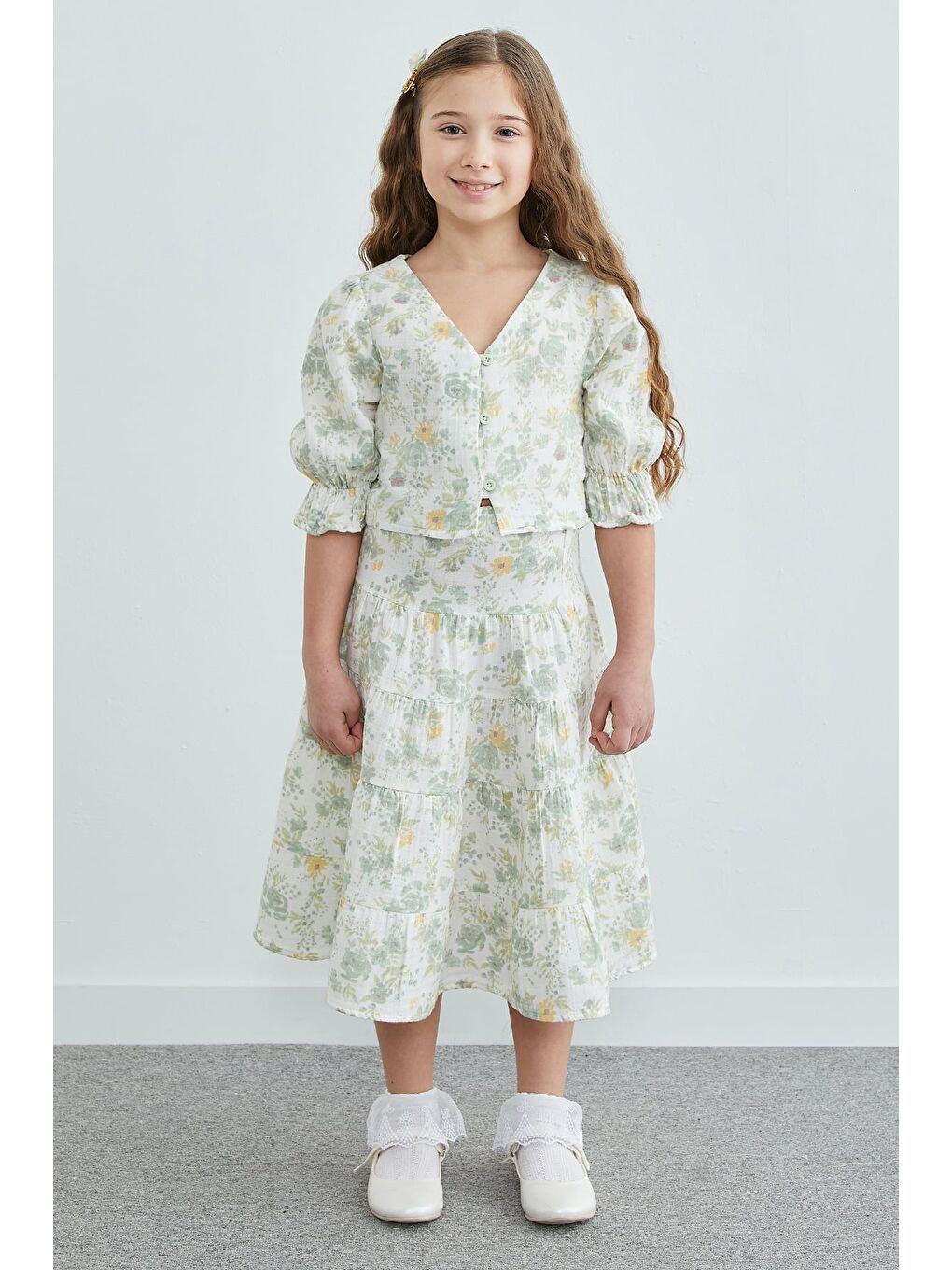 Yeşil Çiçek Desenli Kolu Gipeli Kız Çocuk Etekli  2 Li Takım-1