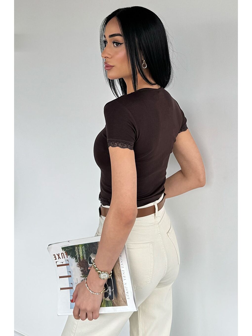 Kahverengi Kadın Dantel Detaylı Elastanlı Crop Top Bluz-3