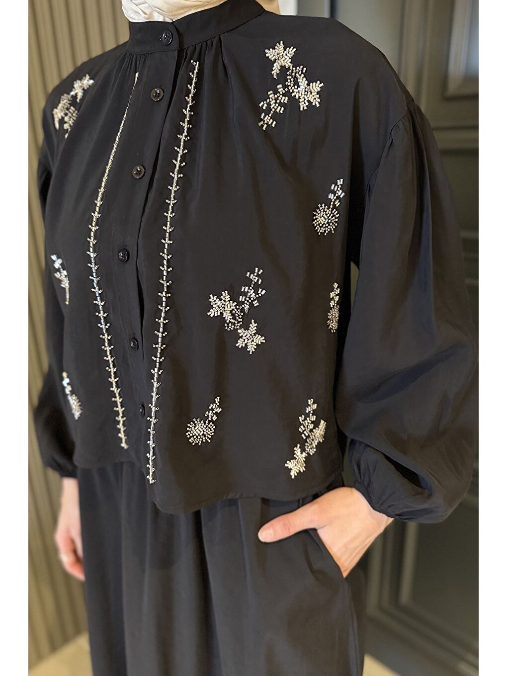 Siyah Boncuk İşlemeli Gömlek Etek Tesettür İkili Takım-5