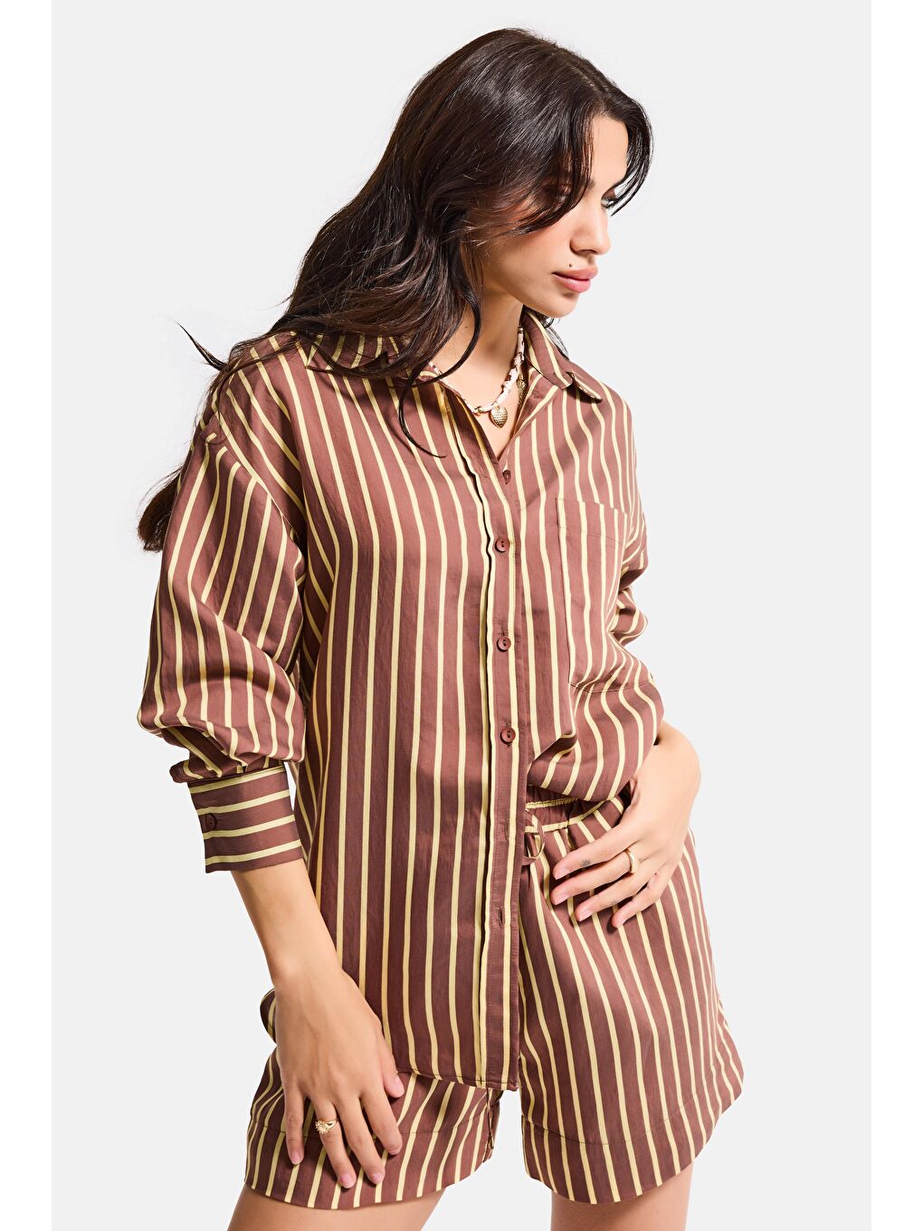 Kahverengi Kadın Kahve Çizgili s6-108 Oversize Rahat Kesim Gömlek