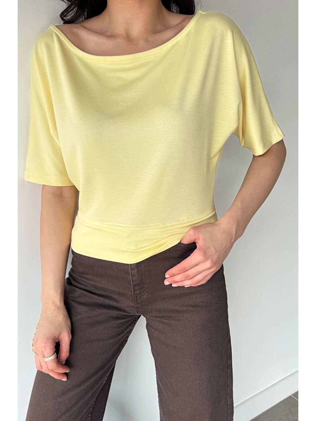Sarı Kadın Kayık Yaka Bluz-1