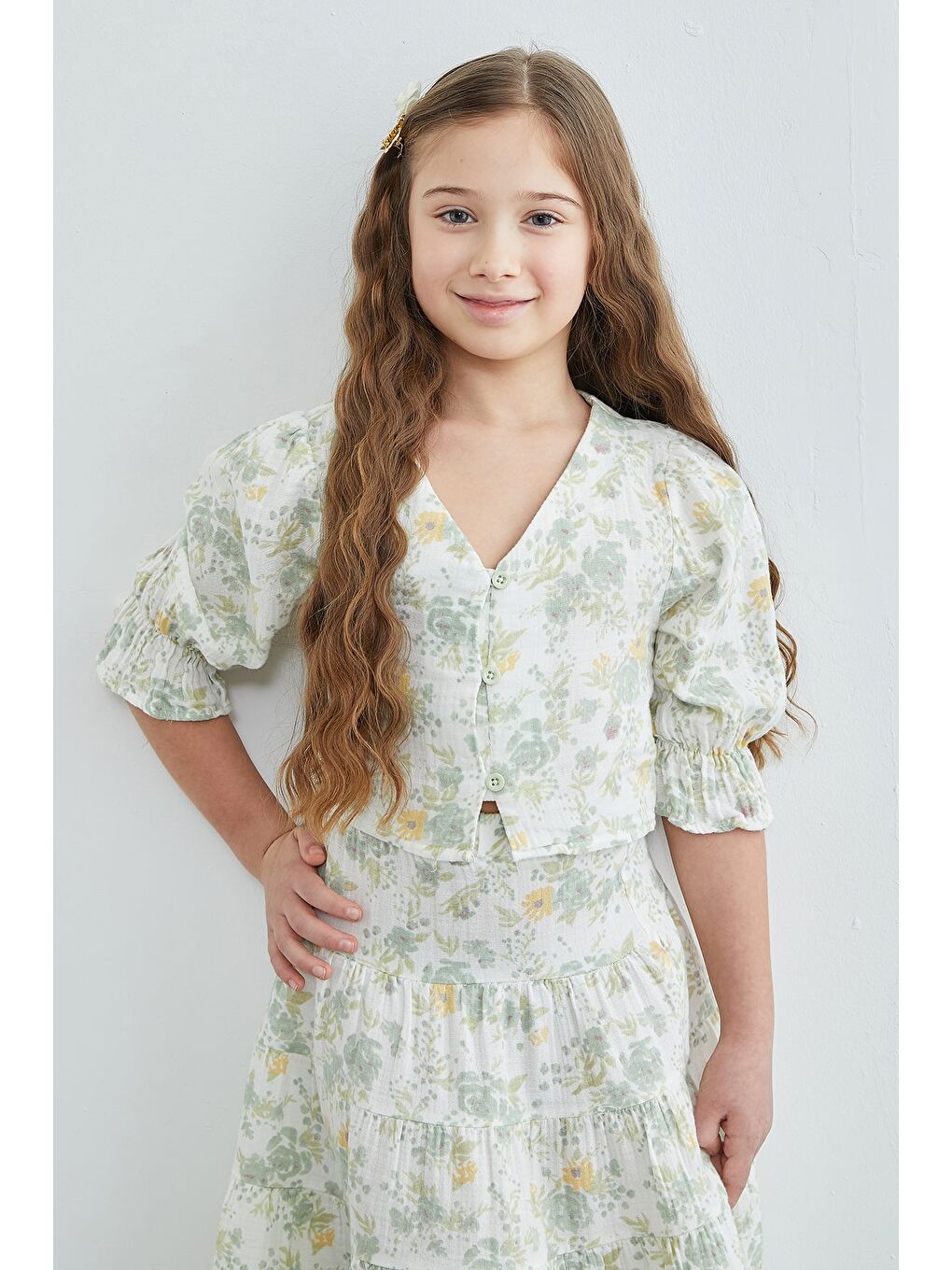 Yeşil Çiçek Desenli Kolu Gipeli Kız Çocuk Etekli  2 Li Takım-3