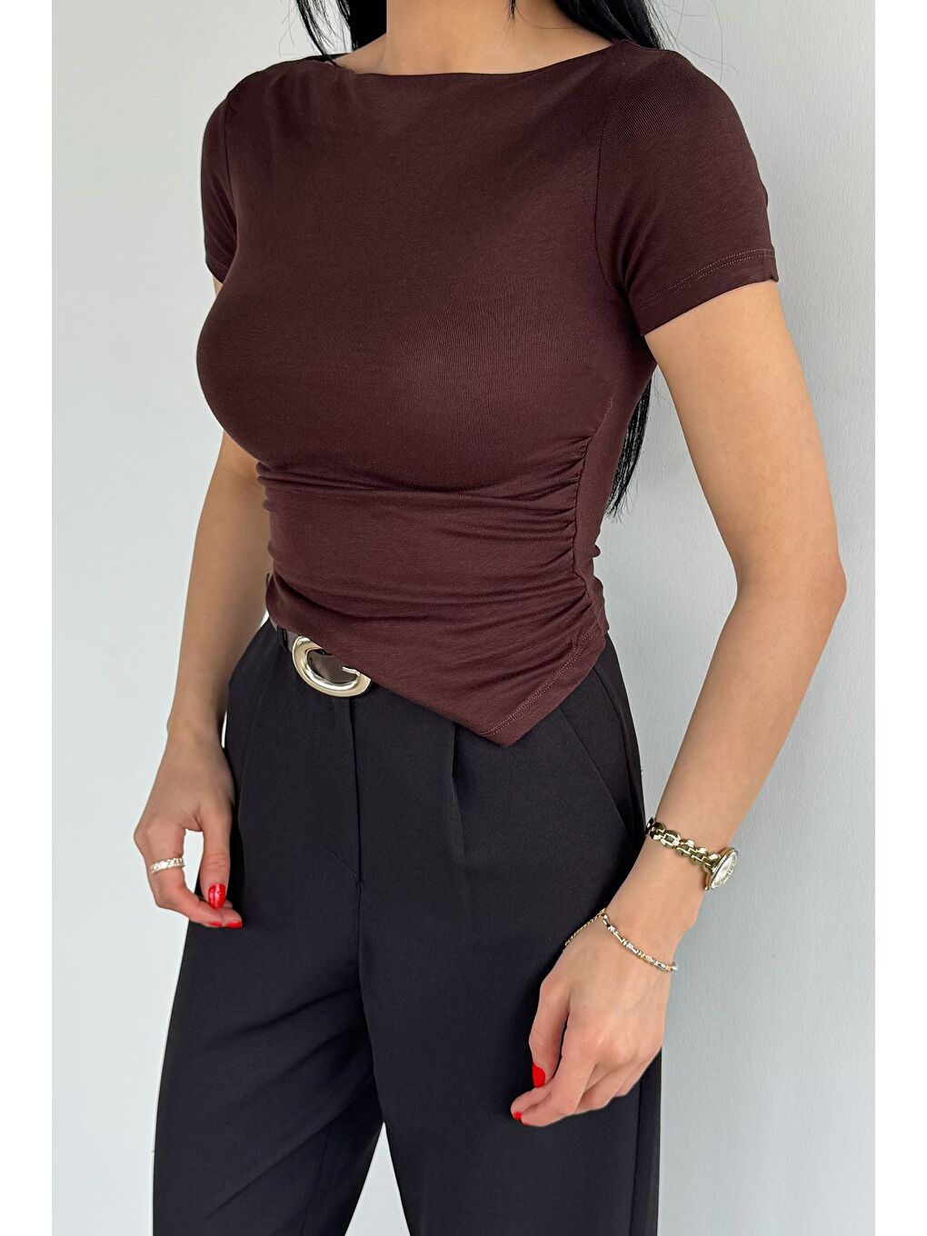 Kahverengi Kadın Asimetrik Kesim Elastanlı Bluz-2