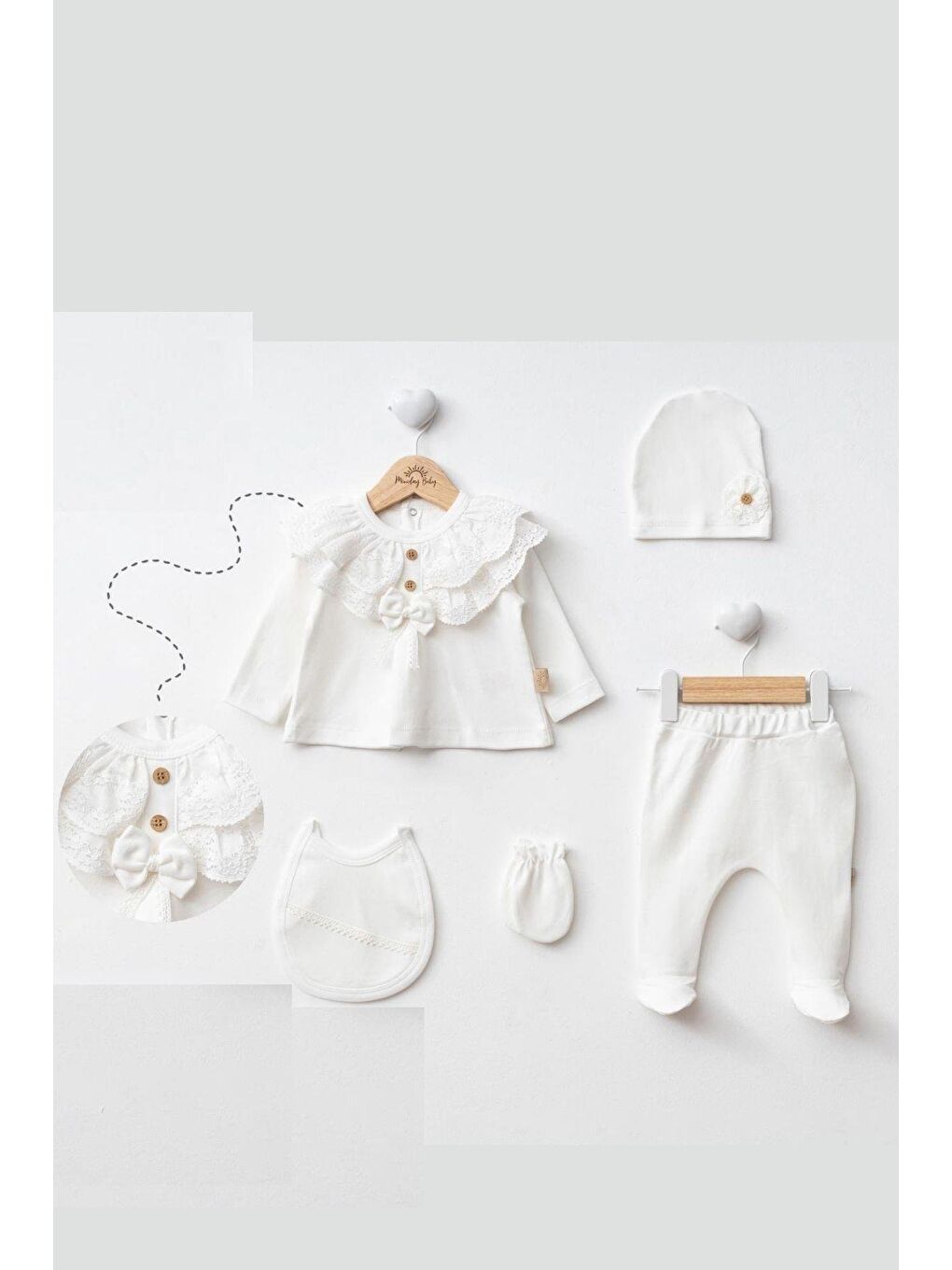 Beyaz Yenidoğan Kız Bebek Güpür Ve Fiyonk Detaylı 5'Li Hastane Çıkış Set