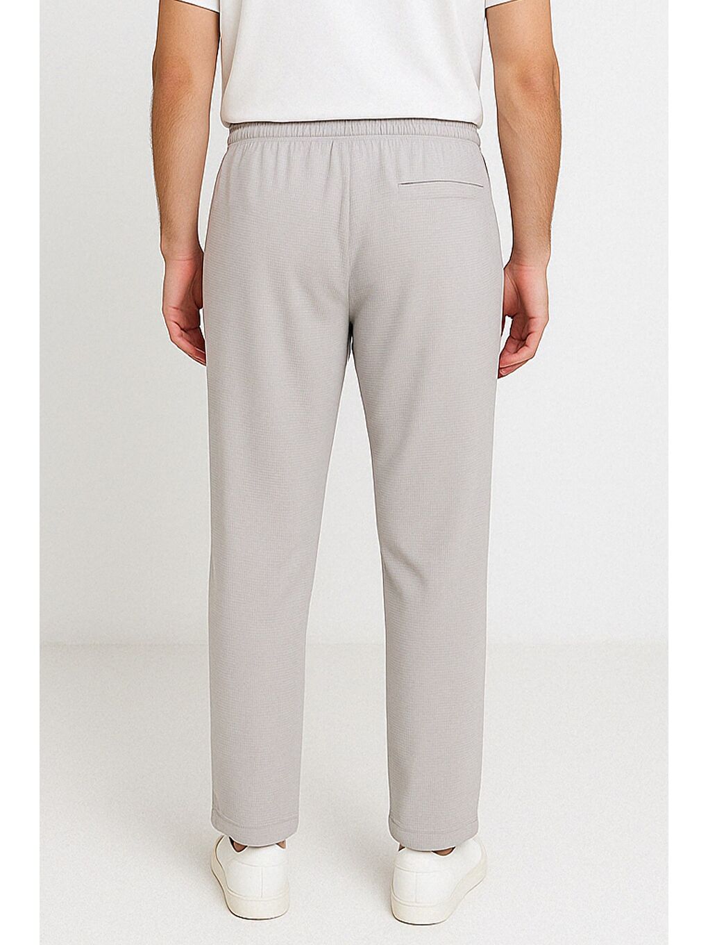 Gri Duble Paça Kendinden Desenli Bel Bağlamalı Erkek Pantolon-1