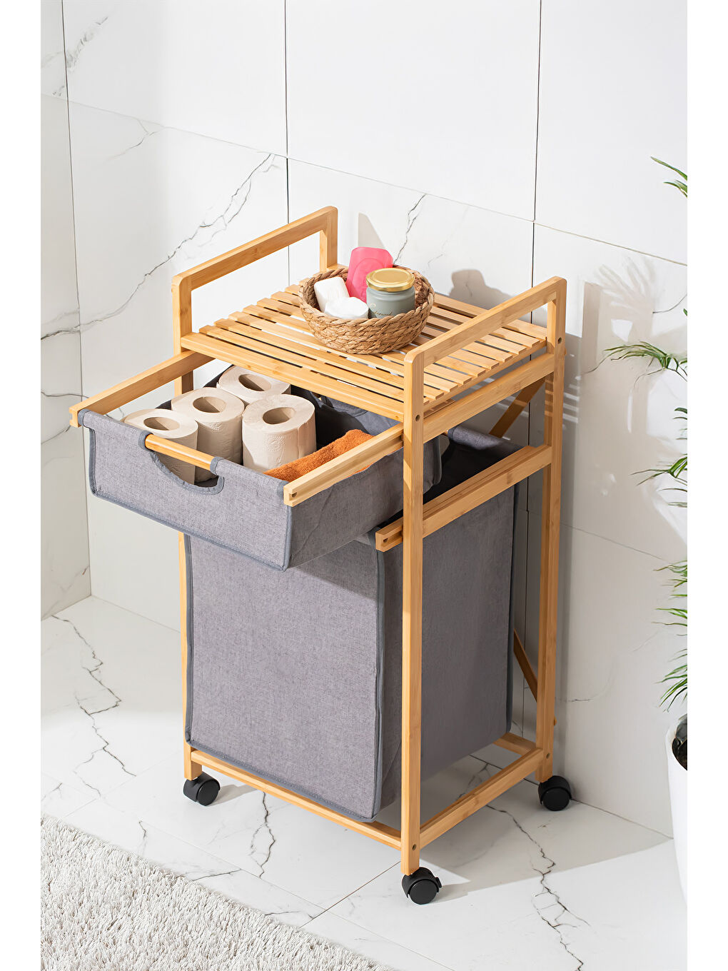 Kahverengi 2064 Tekerlekli Ahşap Bambu Kirli Sepetli 2 Raflı Çok Amaçlı Banyo Düzenleyici Organizer