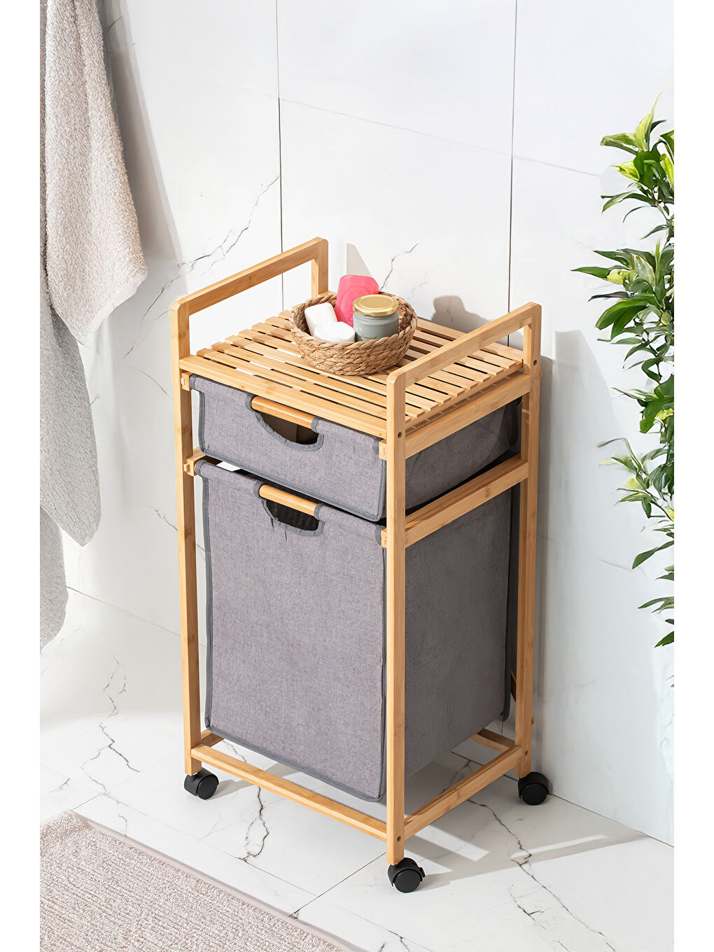 Kahverengi 2064 Tekerlekli Ahşap Bambu Kirli Sepetli 2 Raflı Çok Amaçlı Banyo Düzenleyici Organizer-1