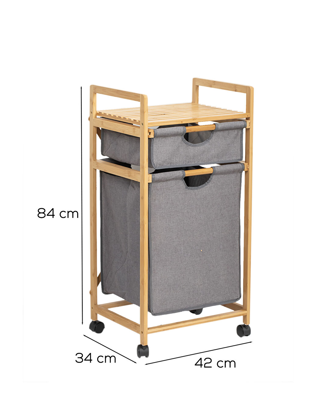 Kahverengi 2064 Tekerlekli Ahşap Bambu Kirli Sepetli 2 Raflı Çok Amaçlı Banyo Düzenleyici Organizer-2
