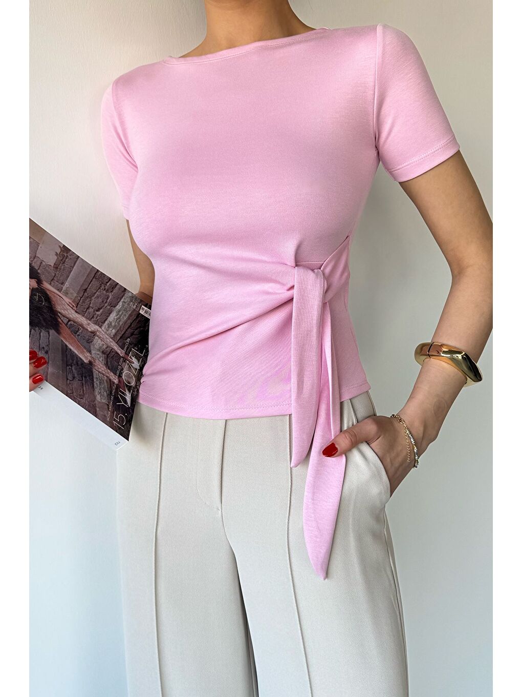 Pembe Kadın Yan Bağlamalı Bluz