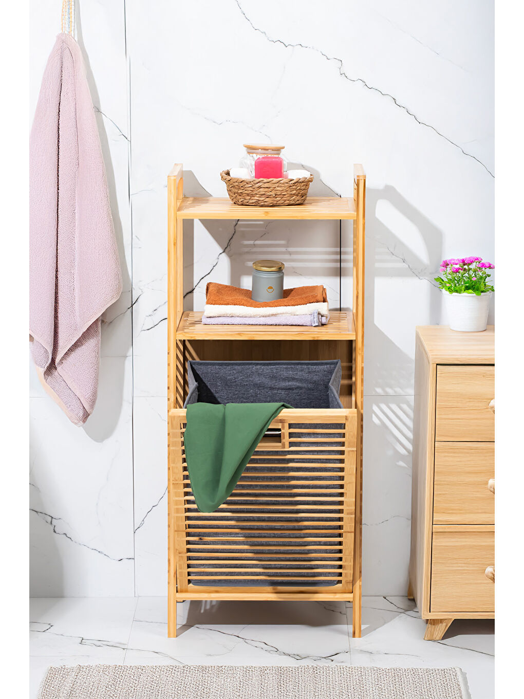 Kahverengi 2063 Ahşap Bambu Kirli Sepetli 2 Raflı Çok Amaçlı Banyo Düzenleyici Organizer