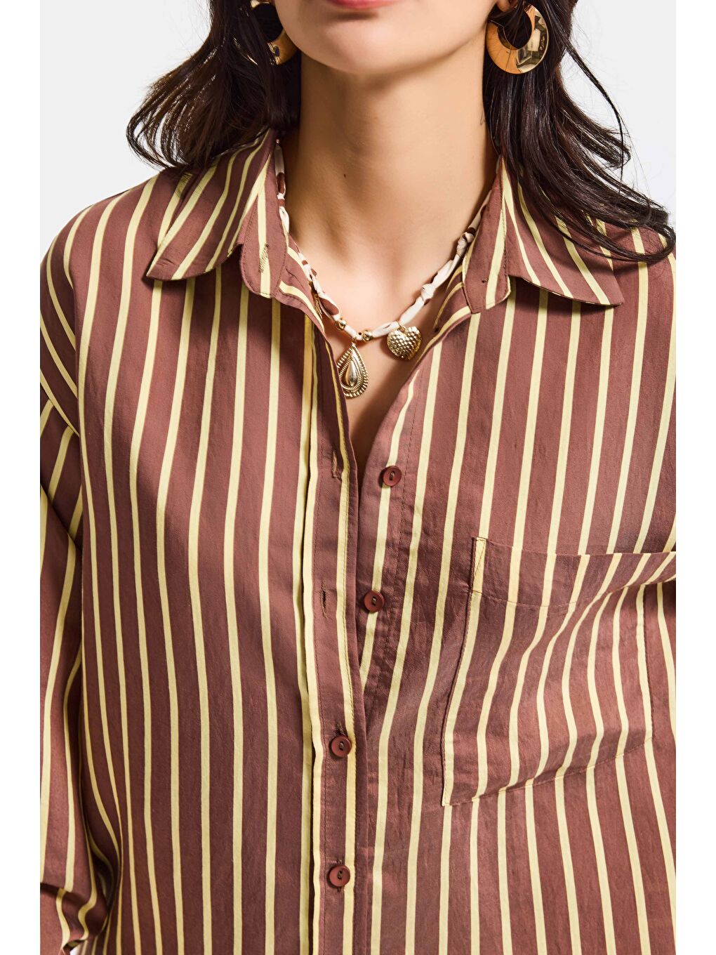 Kahverengi Kadın Kahve Çizgili s6-108 Oversize Rahat Kesim Gömlek-2
