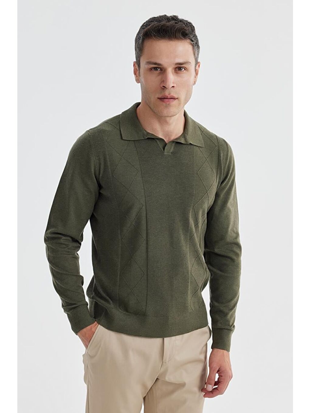 Haki Slim Fit Yün Kaşmir Karışımlı Desenli Polo Yaka Triko-1