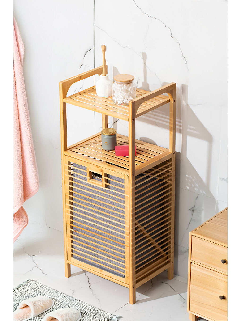Kahverengi 2063 Ahşap Bambu Kirli Sepetli 2 Raflı Çok Amaçlı Banyo Düzenleyici Organizer-1