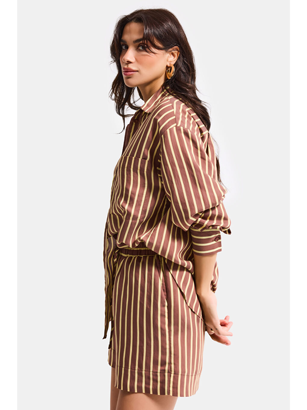 Kahverengi Kadın Kahve Çizgili s6-108 Oversize Rahat Kesim Gömlek-3