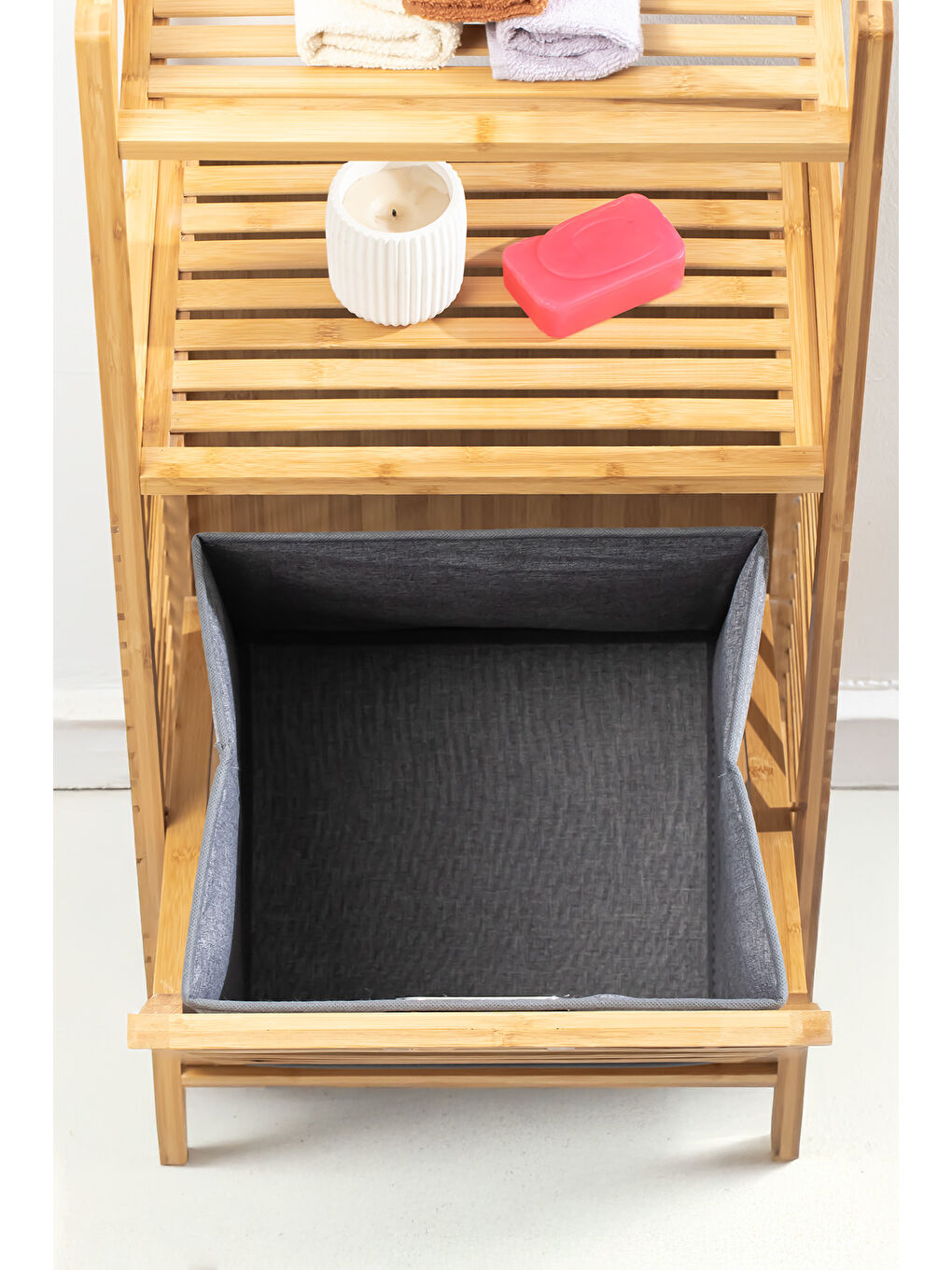 Kahverengi 2063 Ahşap Bambu Kirli Sepetli 2 Raflı Çok Amaçlı Banyo Düzenleyici Organizer-2