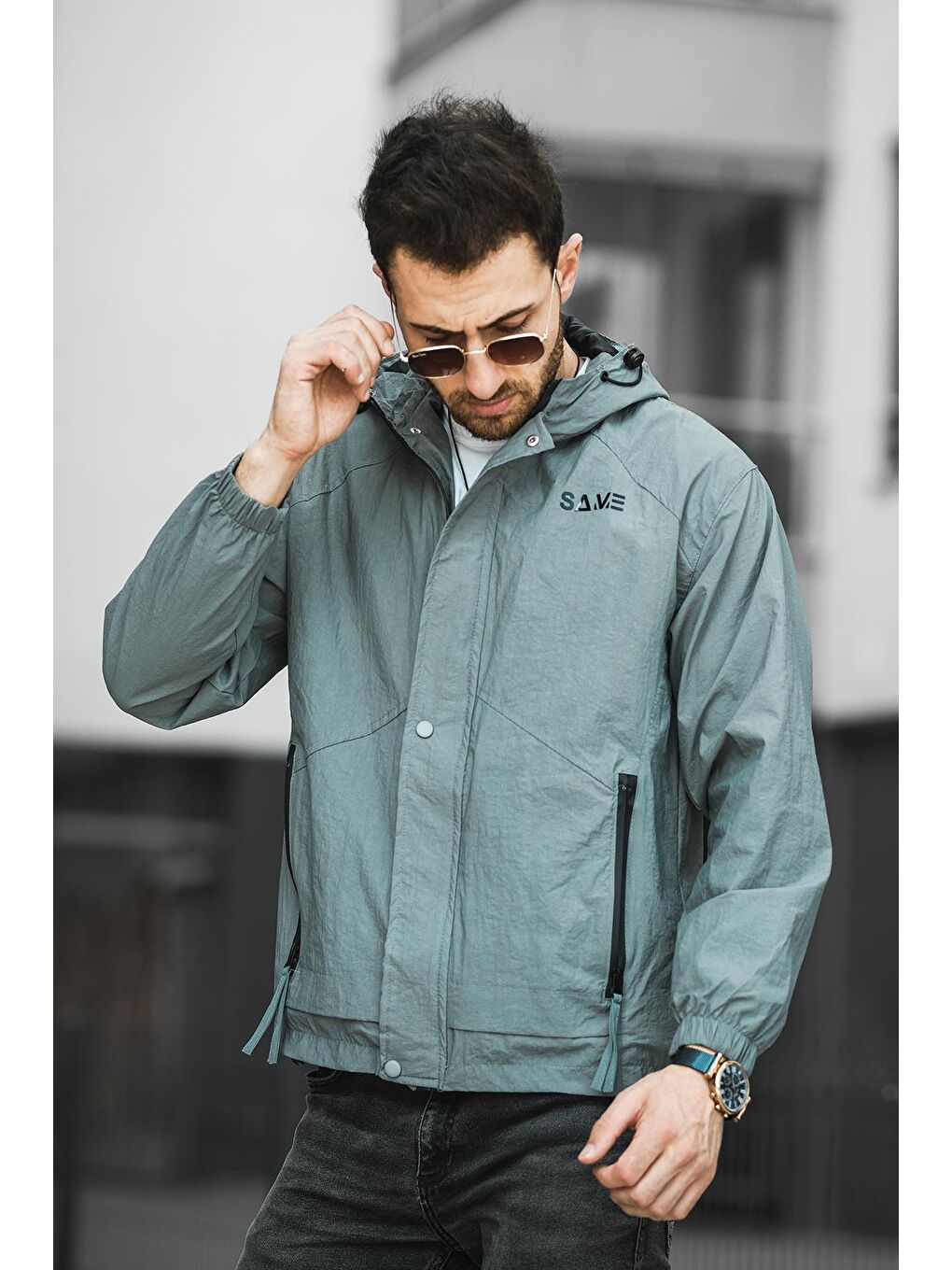 Yeşil Save Baskılı Suya Dayanaklı Slim Fit Erkek Mevsimlik Mont Yağmurluk