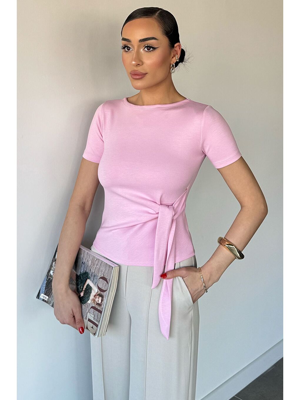 Pembe Kadın Yan Bağlamalı Bluz-1