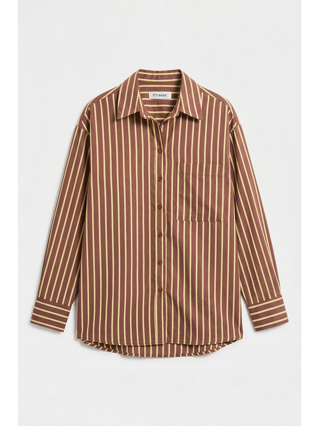 Kahverengi Kadın Kahve Çizgili s6-108 Oversize Rahat Kesim Gömlek-4