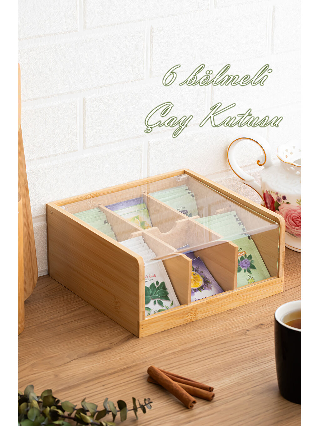 Kahverengi Home 005 Ahşap Bambu 6 Bölmeli Organizer Poşet Çay Kutusu Sallama Çay Kutusu