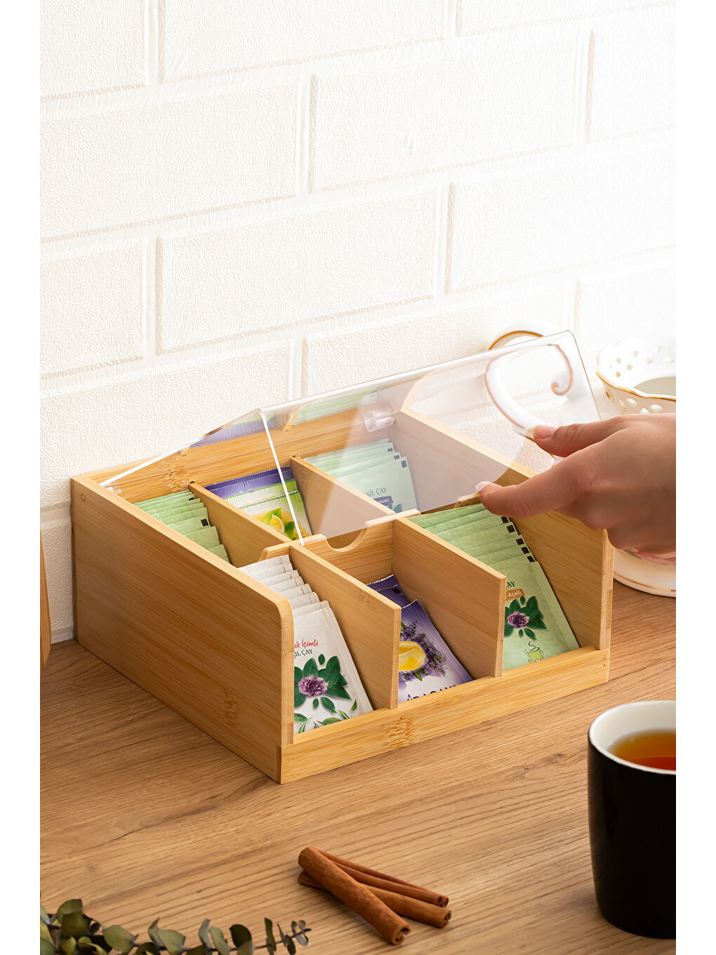 Kahverengi Home 005 Ahşap Bambu 6 Bölmeli Organizer Poşet Çay Kutusu Sallama Çay Kutusu-1