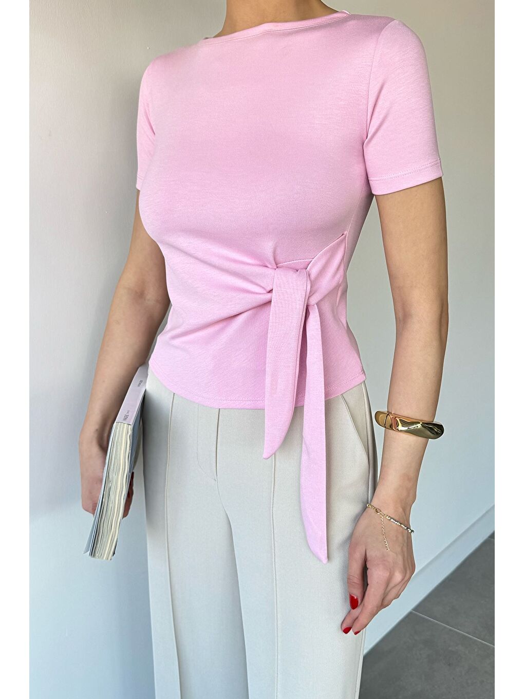 Pembe Kadın Yan Bağlamalı Bluz-2