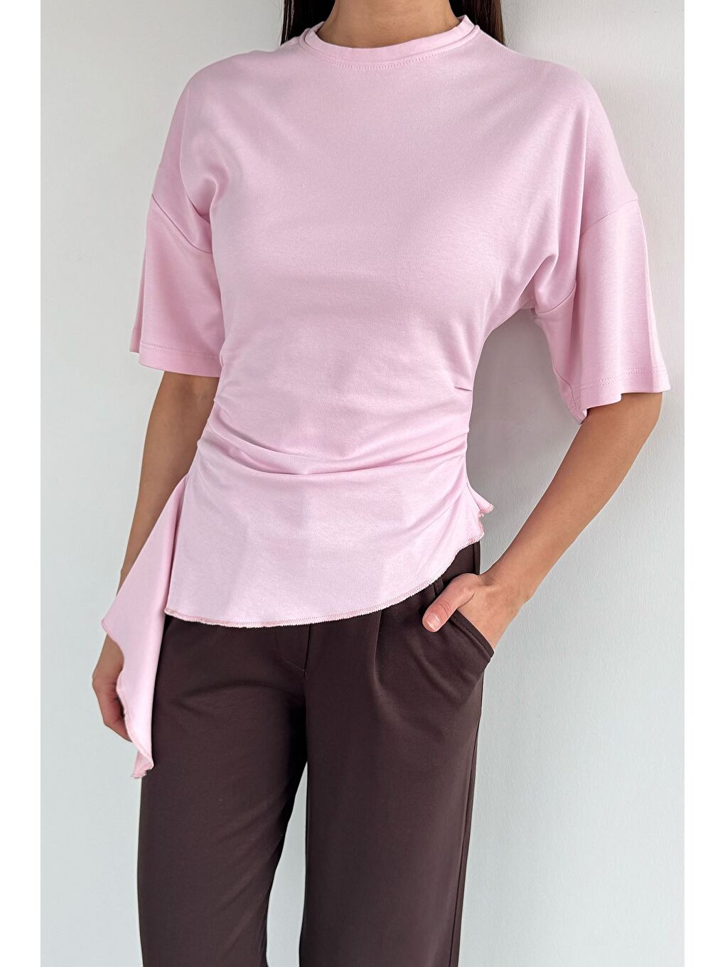 Pembe Kadın Bel Büzgülü Parçalı Bluz-1