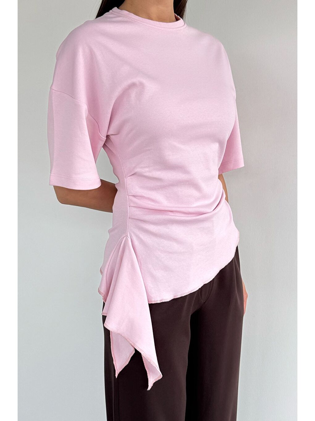 Pembe Kadın Bel Büzgülü Parçalı Bluz-2