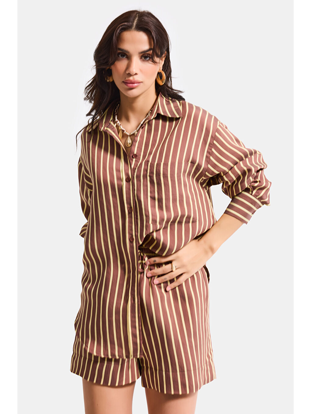 Kahverengi Kadın Kahve Çizgili s6-108 Oversize Rahat Kesim Gömlek-5
