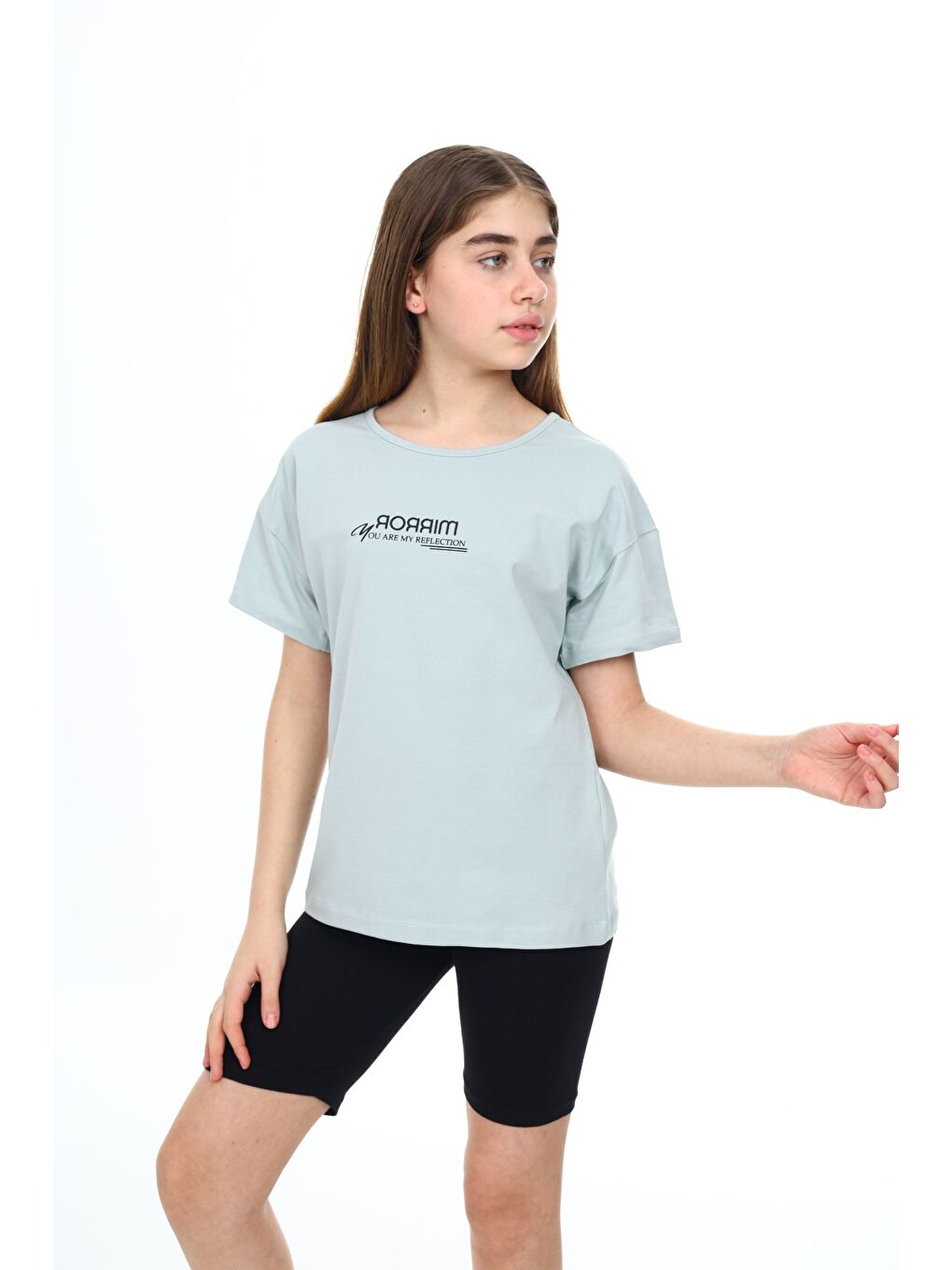 Ekru Kız Çocuk Baskılı Bisiklet Yaka Kısa Kollu Tişört-1