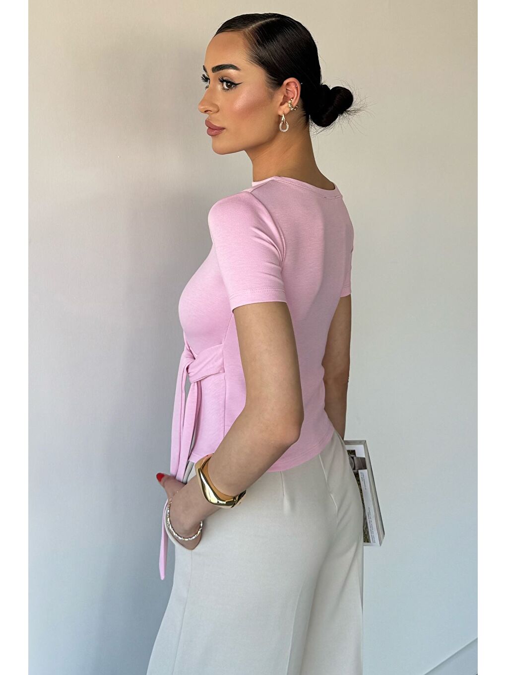 Pembe Kadın Yan Bağlamalı Bluz-3